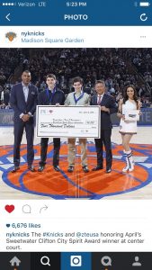 Michael and Marc Guberti received the Sweetwater Clifton “City Spirit” Award in front of 19,000 people during a Knicks game at Madison Square Garden.